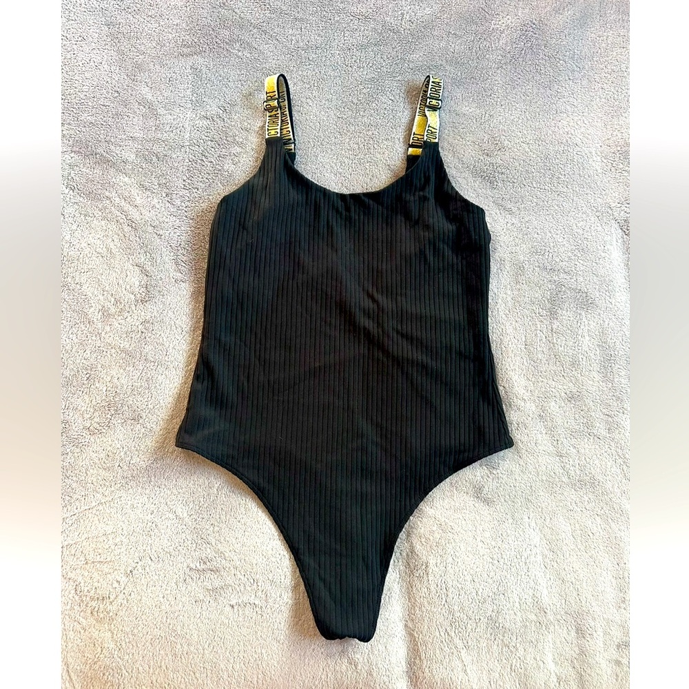 Victoria's Secret Women’s Black Ribbed Logo Gold Straps Bodysuit Size M